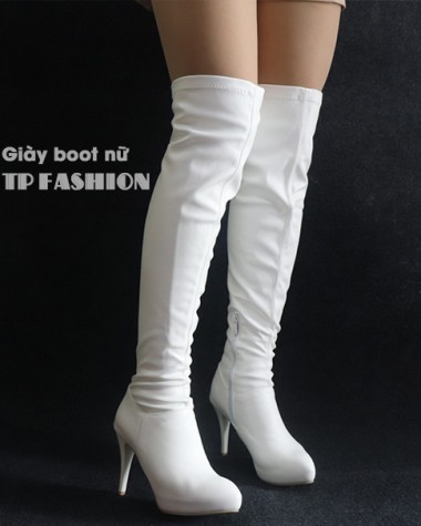 Giày boot nữ da màu trắng cổ cao GÓT NHỌN CAO 10CM  trẻ trung GCC10602