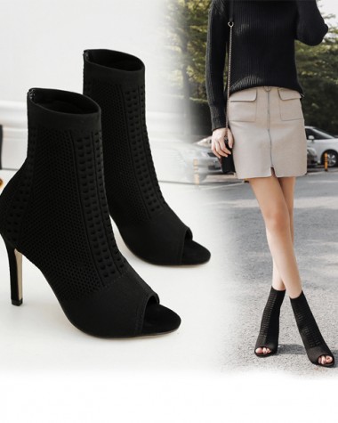 Boot nữ hở mũi cao gót chất len ôm chân GBN18801 Boot nữ hở mũi cao gót chất len ôm chân GBN18801