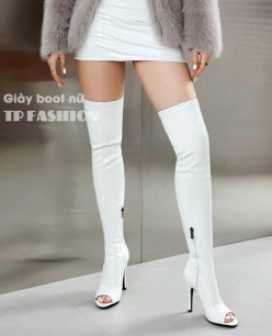 Giày boot nữ HỞ MŨI màu TRẮNG cổ cao qua gối DA BÓNG, gót nhọn 9.5cm THỜI TRANG GCC22B Giày boot nữ HỞ MŨI màu TRẮNG cổ cao qua gối DA BÓNG, gót nhọn 9.5cm THỜI TRANG GCC22B