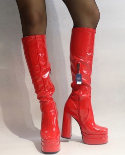Giày boot nữ ống cao MÀU ĐỎ dưới gối da bóng đế kép 14cm SANG CHẢNH GCC01C